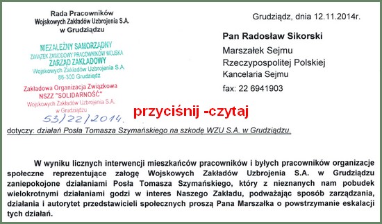 Marszałek R.Sikorski w sprawie działań T.Szymanski WZU