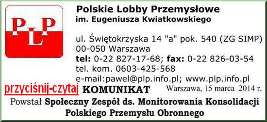 Komunikat Polskie Lobby Przemysłowe w sprawie Zespołu Mpnitorowania konsolidacji PPO