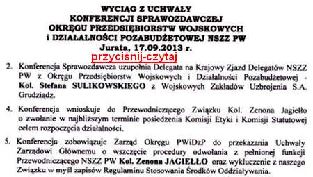Uchwała Konferencji Okręgu o odwołanie Zenona Jagiełło z przeodniczącego NSZZ PW