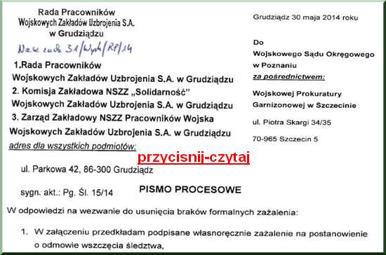 30.05.2014 Rada Pracowników WZU Grudziądz do Sad Poznań przetarg DANA