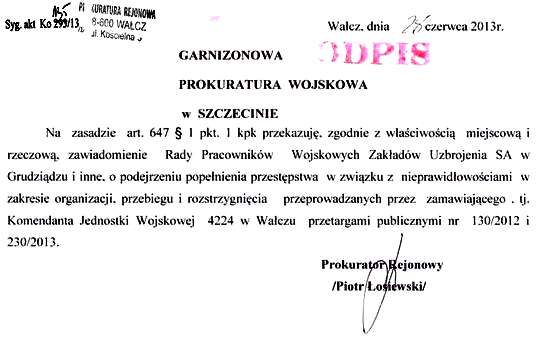 Prokurator Wałcz przkazanie zawiadomienia WZU Grudziądz na przetarg DANA do Prokurator Garnizonowy Szczecin