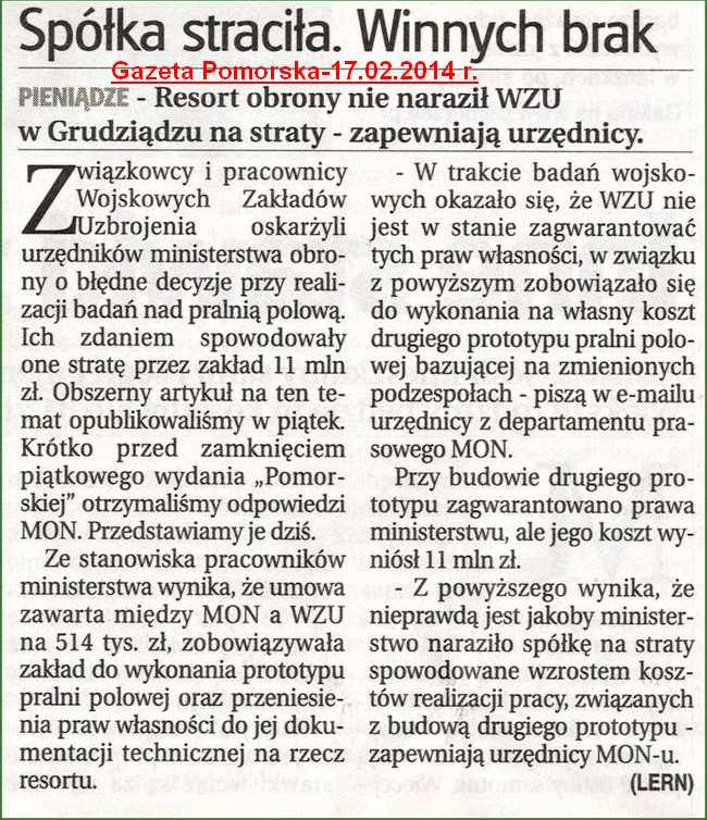 Gazeta Pomorska -stanowisko MON straty Pralnia