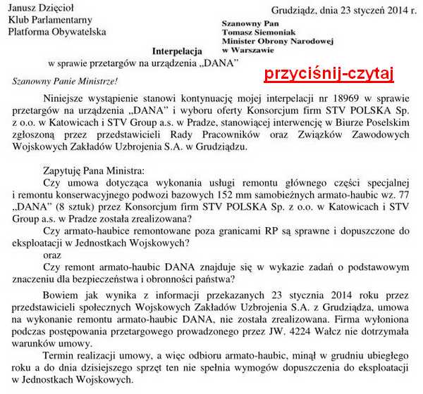Janusz Dzięcioł Interpelacja DANA przetarg 2014