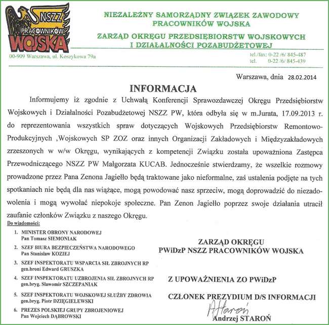Uchwała ZO PWiDzP 28 luty 2014 w sprawie zakazu występowania Zenona Jagiełło w sprawie Okręgu NSZZ PW  i WPRP