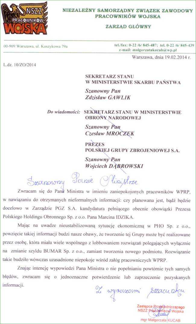 NSZZ PW . M.Kucab do Z.Gawlik w sprawie powołania M.Idzik dp Polskiej Grupy Zbrojeniowej