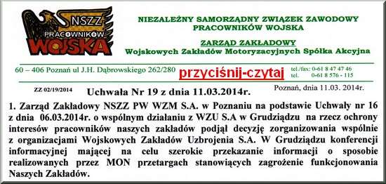 Uchwała ZZ WZM Poznań o wspólnej z WZU w Grudziądzu konferencji w ochronie miejsc pracy