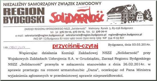 Stanowisko Solidarność Bydgoszcz w sprawie WZU Grudziądz-DANA